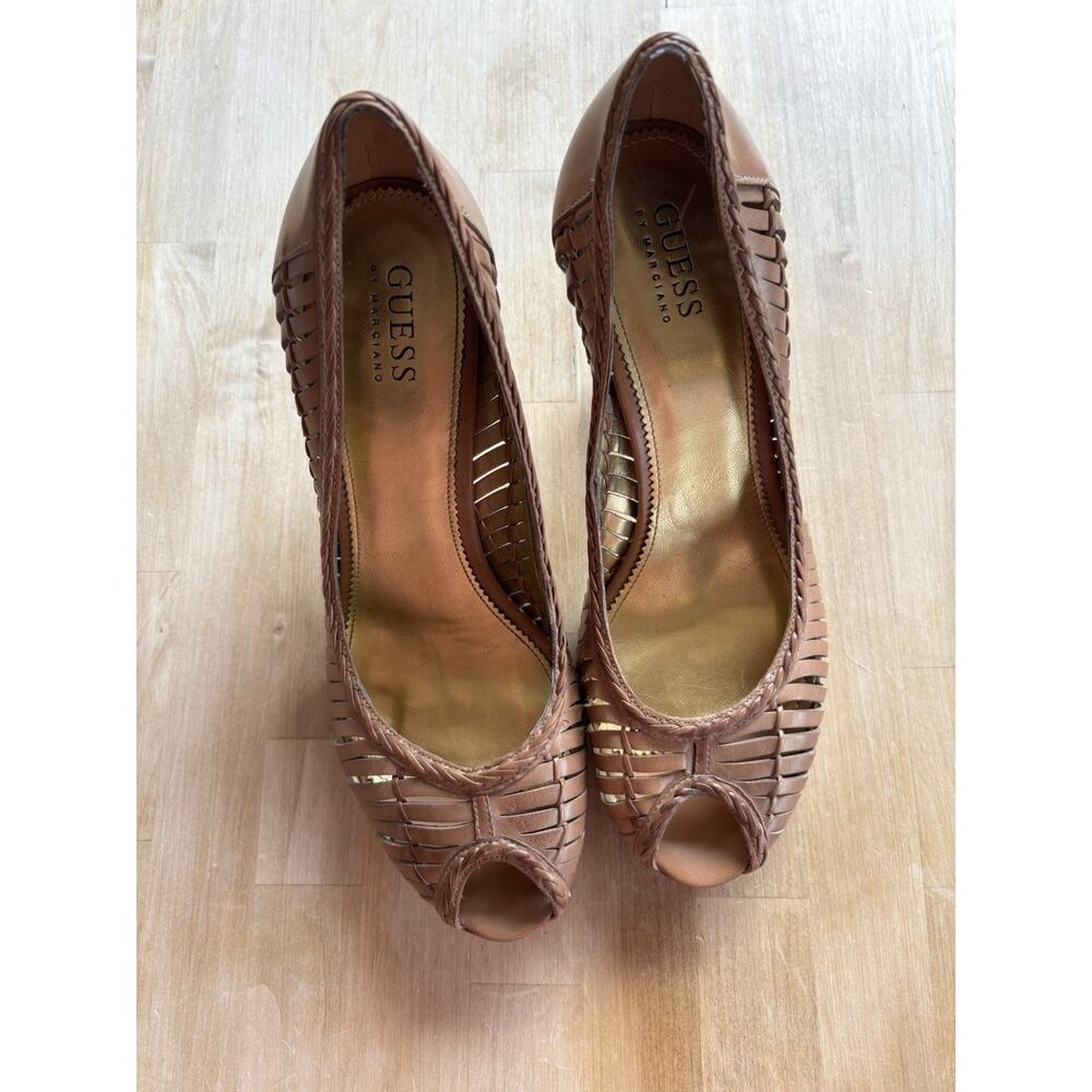Guess Womens Sz 10M Brown Woven Braided Leather Open Toe Wood High Heels Shoes - Picture 4 of 10